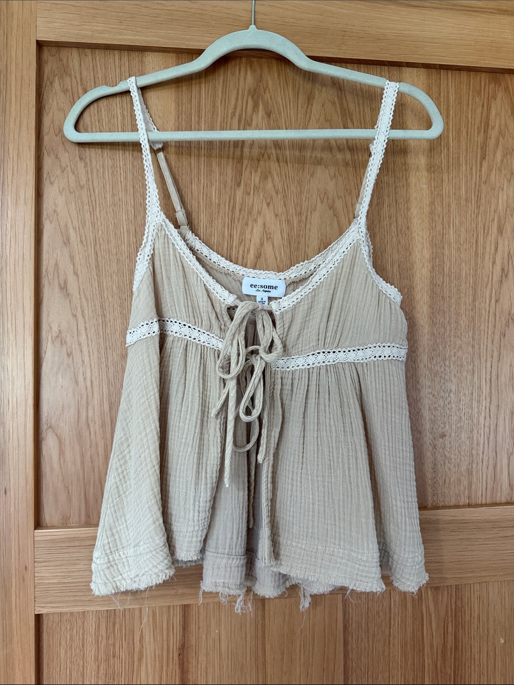 eesome Neutral Beige Cotton Gauze Tie-Front Camisole